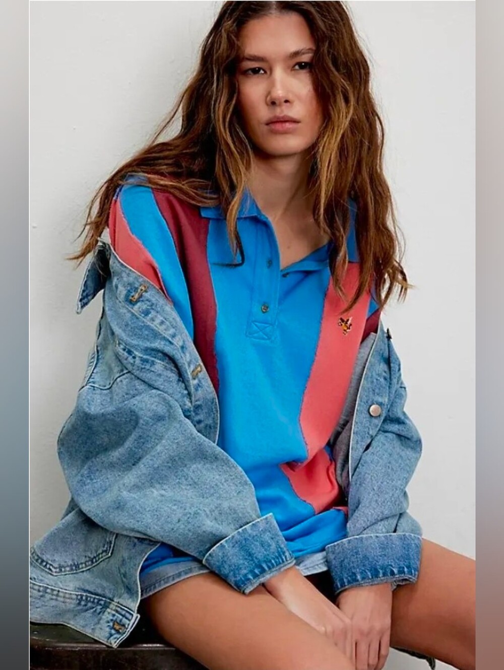 NEW!! Free People Too Cool For School Blue and Coral Women's Polo, Sz Lrg, NWT